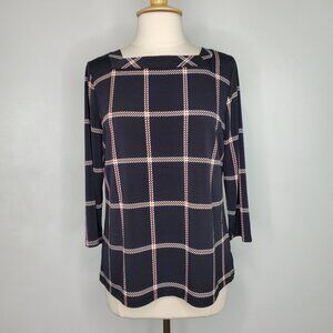 Liz Claiborne Windowpane Pattern Pullover Square Neck 3/4 Sleeve Top Size LP